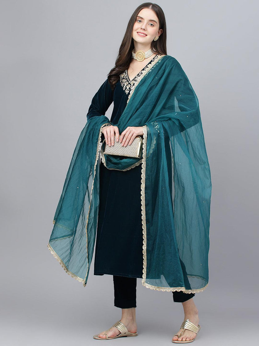 Divena Teal Green Velvet hand work Kurta pant With Organza Dupatta set - divena world