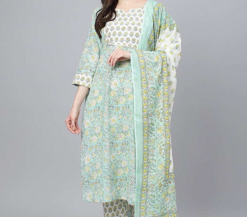 Divena Mint Green Floral Printed Kurta Pant set With Dupatta - divena world