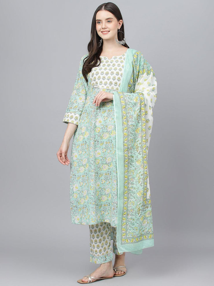 Divena Mint Green Floral Printed Kurta Pant set With Dupatta - divena world