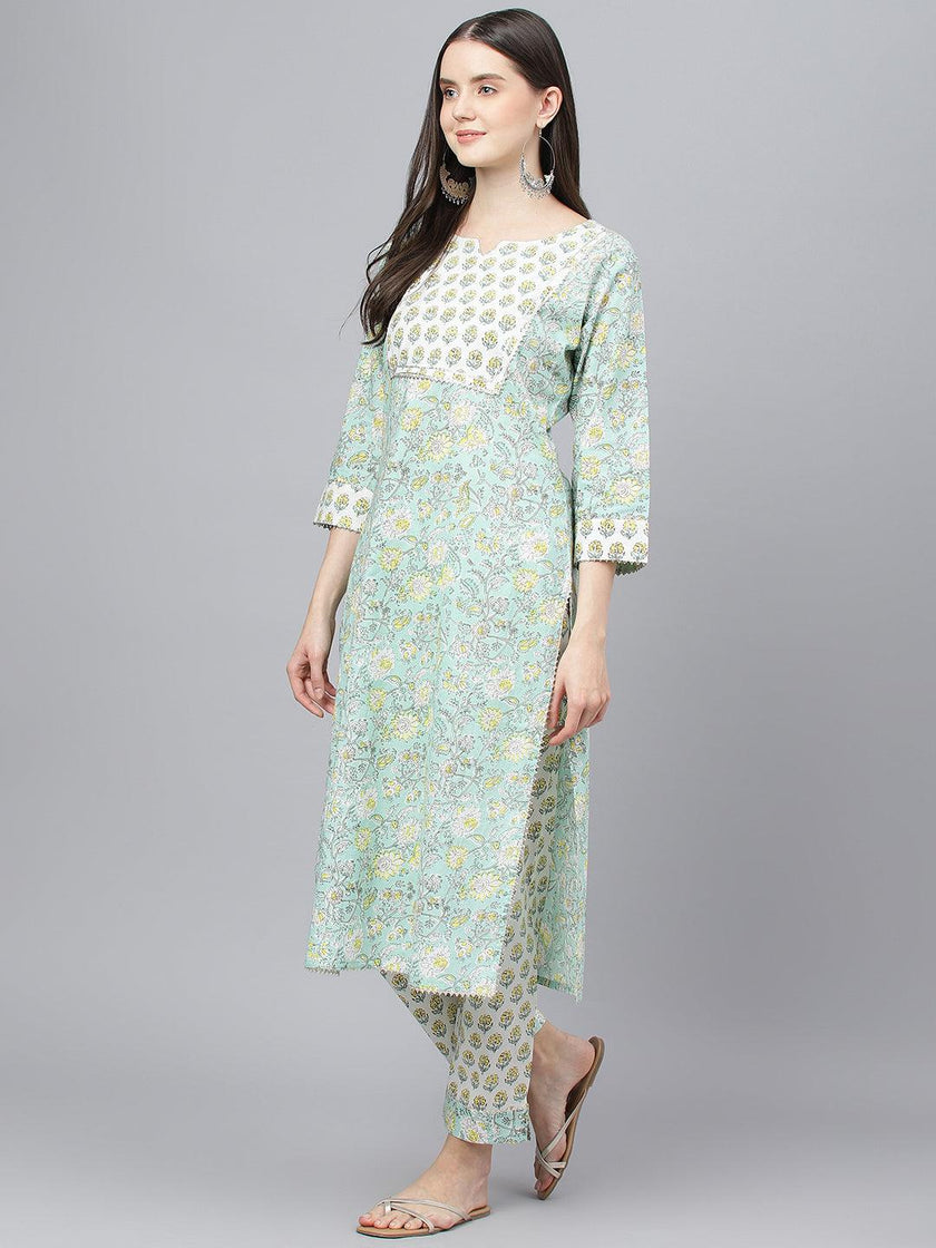 Divena Mint Green Floral Printed Kurta Pant set With Dupatta - divena world