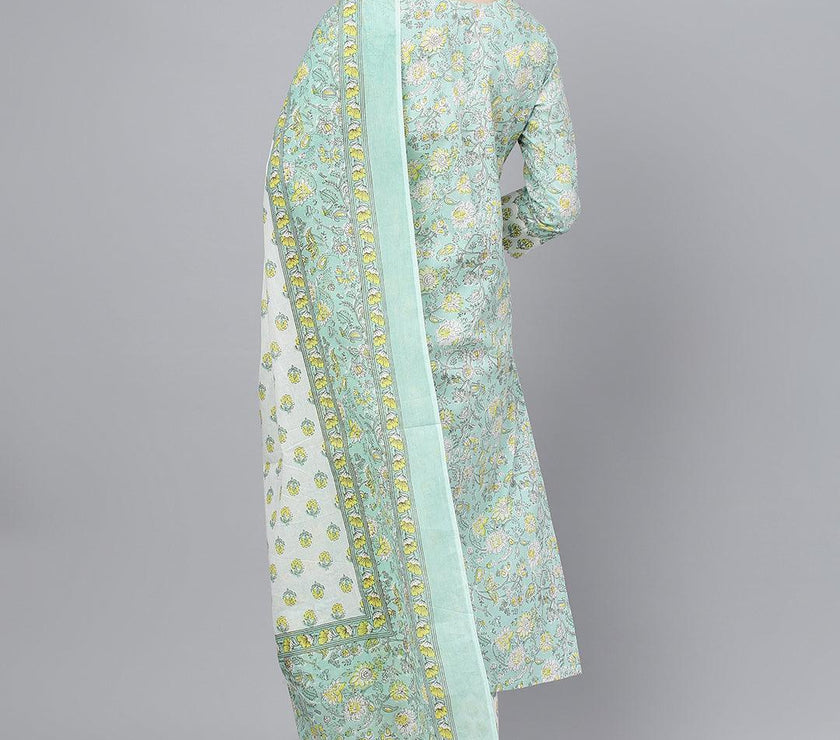 Divena Mint Green Floral Printed Kurta Pant set With Dupatta - divena world