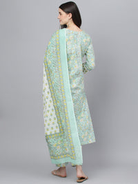 Divena Mint Green Floral Printed Kurta Pant set With Dupatta - divena world