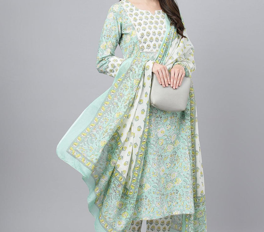 Divena Mint Green Floral Printed Kurta Pant set With Dupatta - divena world