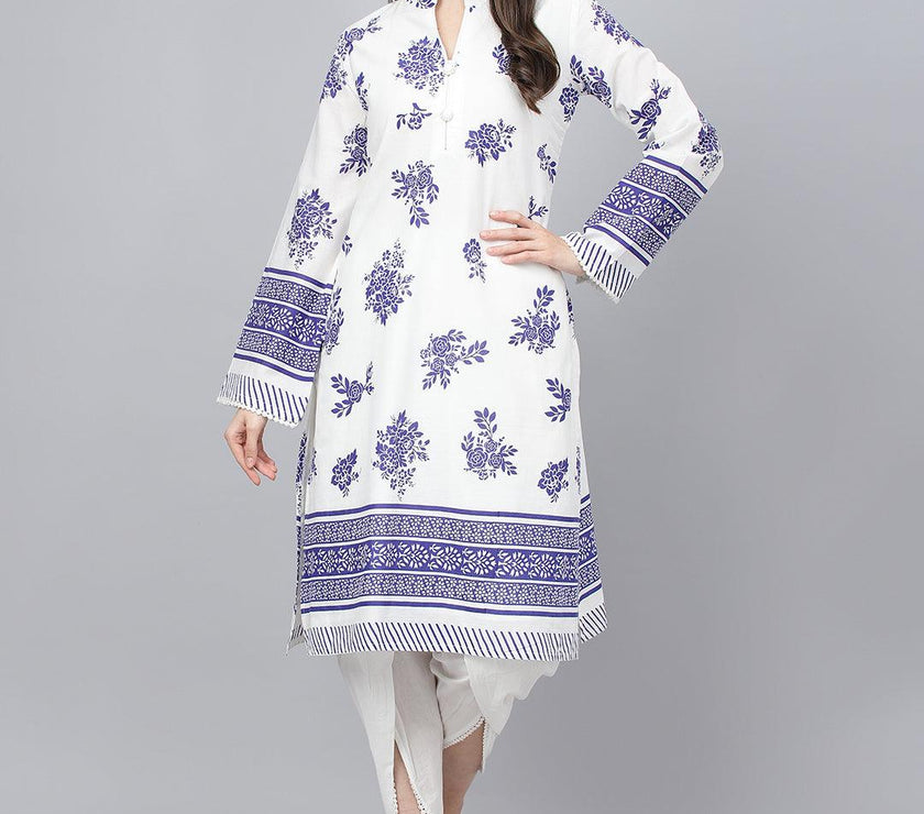 Divena White Floral Printed Straight Kurta With tulip pant - divena world