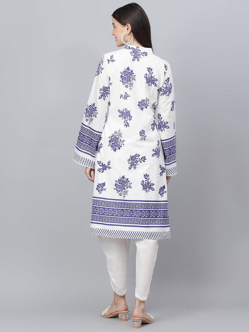 Divena White Floral Printed Straight Kurta With tulip pant - divena world