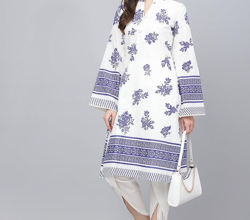 Divena White Floral Printed Straight Kurta With tulip pant - divena world