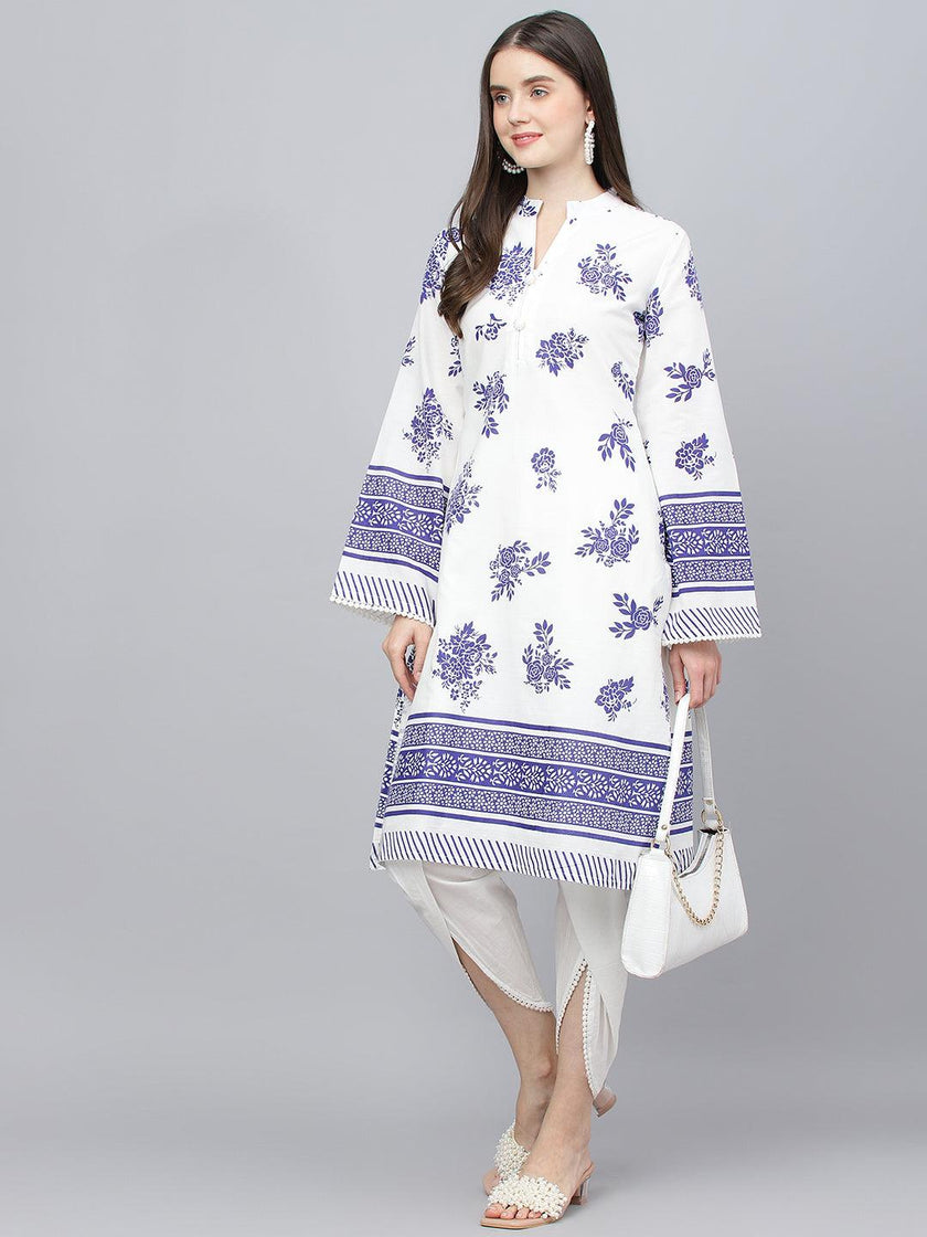 Divena White Floral Printed Straight Kurta With tulip pant - divena world