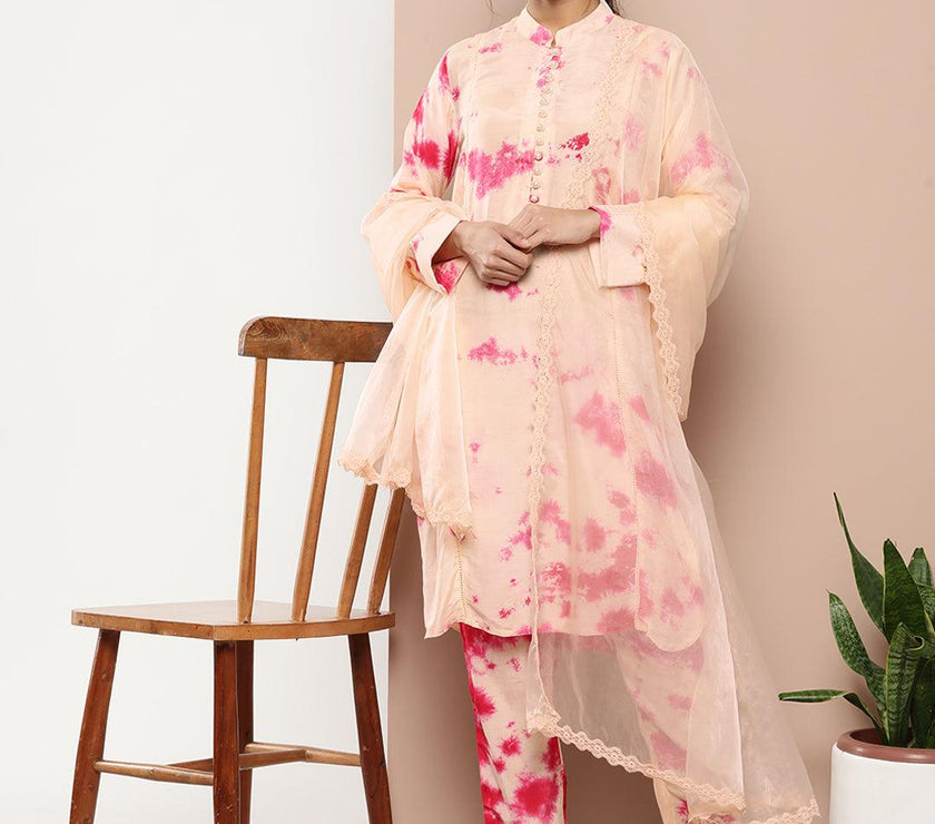 Divena Muslin Tie and dye Printed Kurta Pant Set with Organza Dupatta - divena world