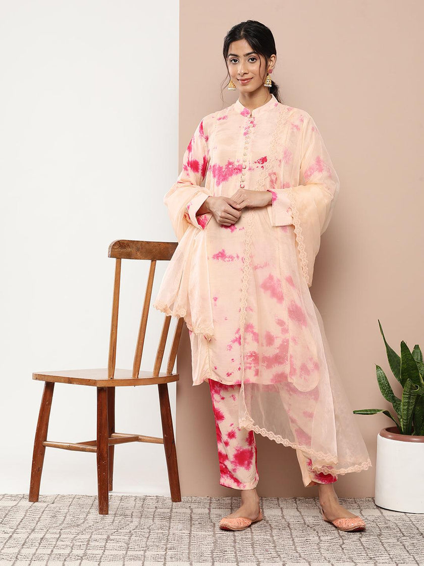 Divena Muslin Tie and dye Printed Kurta Pant Set with Organza Dupatta - divena world