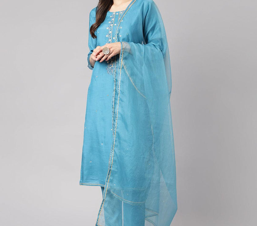 Divena Teal Blue Muslin Embroidary Kurta pant Set with Organza Dupatta - divena world