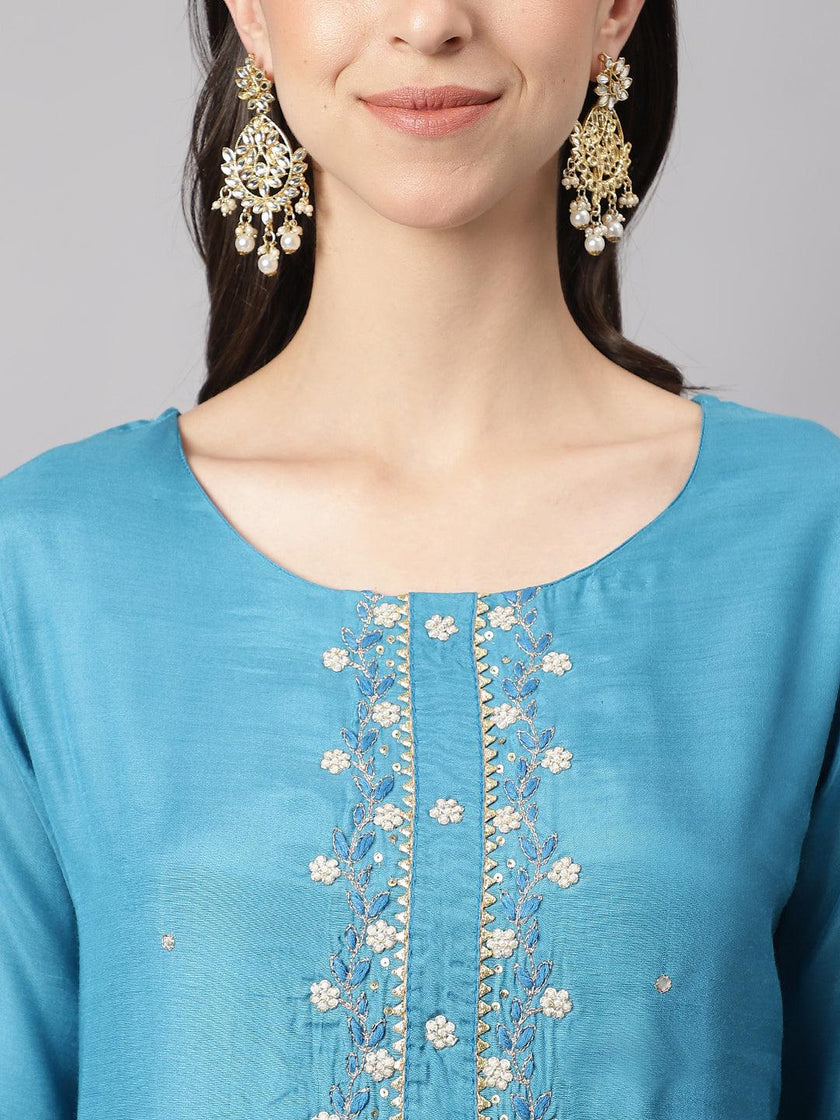 Divena Teal Blue Muslin Embroidery Kurta pant Set with Organza Dupatta - divena world