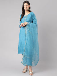 Divena Teal Blue Muslin Embroidery Kurta pant Set with Organza Dupatta - divena world