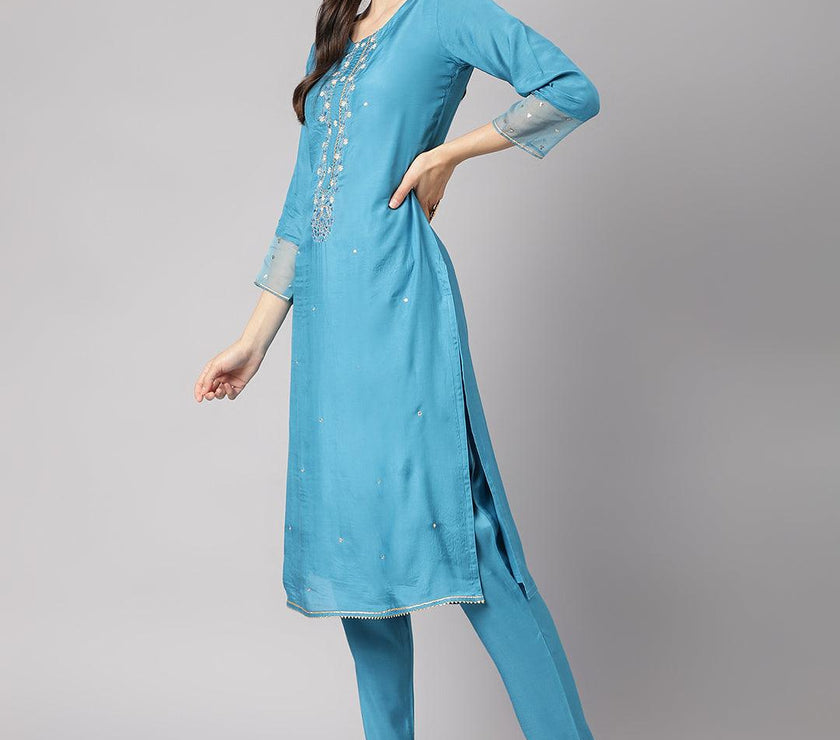 Divena Teal Blue Muslin Embroidary Kurta pant Set with Organza Dupatta - divena world