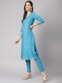 Divena Teal Blue Muslin Embroidary Kurta pant Set with Organza Dupatta - divena world