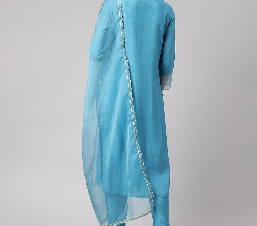 Divena Teal Blue Muslin Embroidary Kurta pant Set with Organza Dupatta - divena world