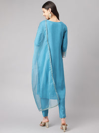 Divena Teal Blue Muslin Embroidary Kurta pant Set with Organza Dupatta - divena world