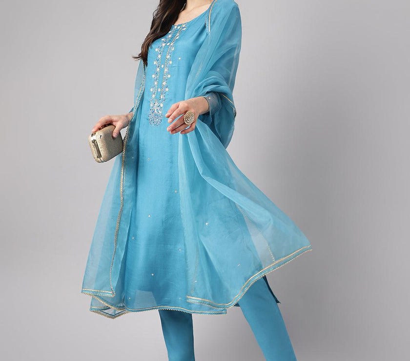 Divena Teal Blue Muslin Embroidary Kurta pant Set with Organza Dupatta - divena world