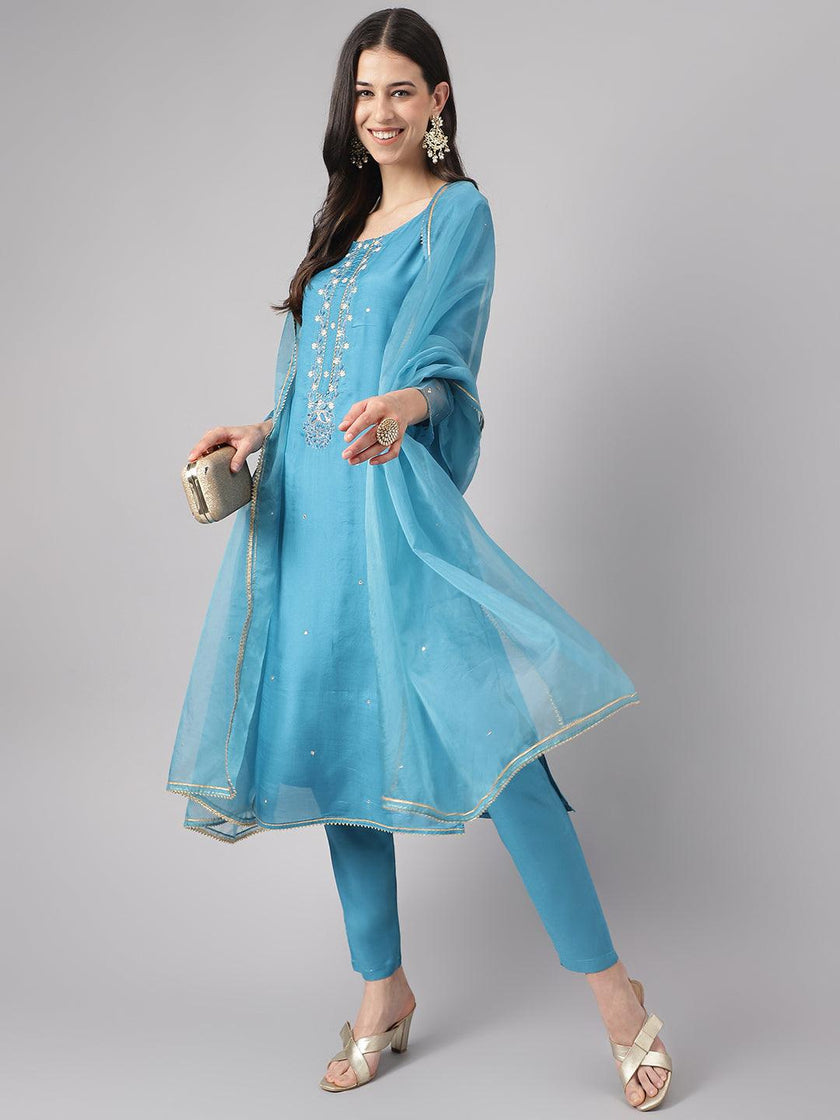 Divena Teal Blue Muslin Embroidary Kurta pant Set with Organza Dupatta - divena world