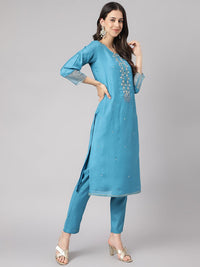 Divena Teal Blue Muslin Embroidery Kurta pant Set with Organza Dupatta - divena world