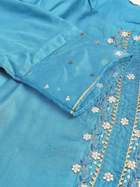 Divena Teal Blue Muslin Embroidary Kurta pant Set with Organza Dupatta - divena world