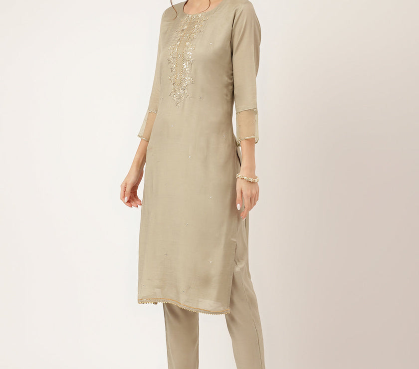 Divena Green Embroidered Chanderi  Kurta, Trouser and Dupatta