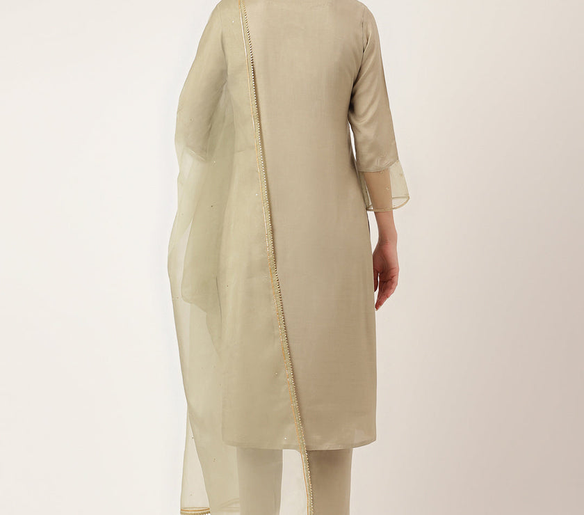 Divena Green Embroidered Chanderi  Kurta, Trouser and Dupatta