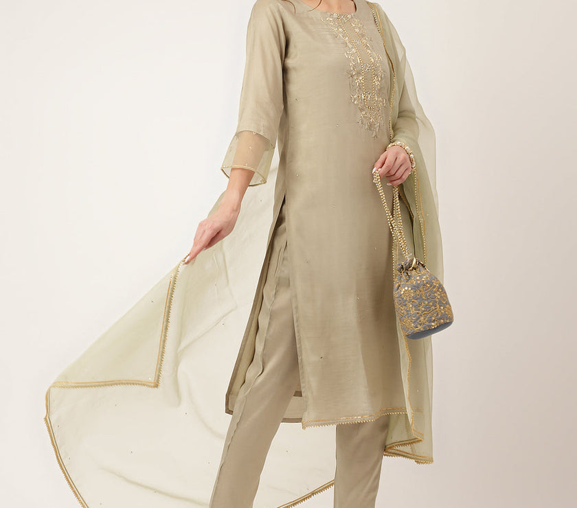 Divena Green Embroidered Chanderi  Kurta, Trouser and Dupatta