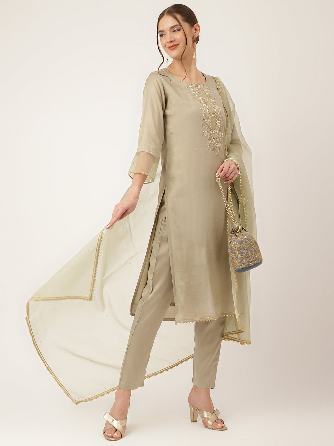 Divena Green Embroidered Chanderi  Kurta, Trouser and Dupatta