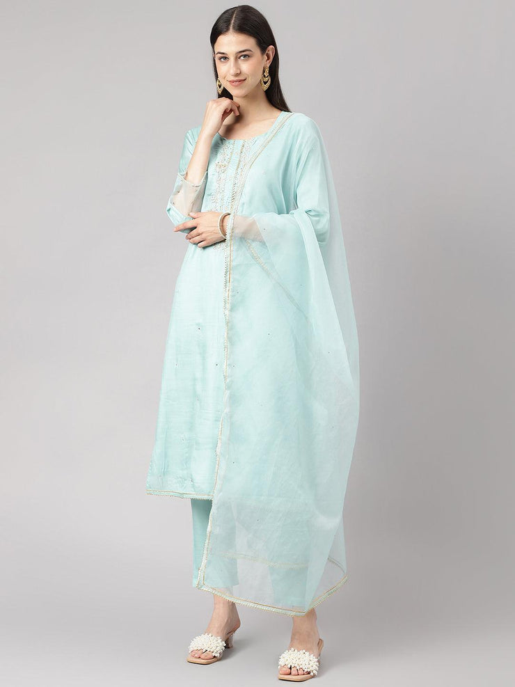 Divena Sea Green Muslin Embroidary Kurta pant Set with Organza Dupatta - divena world