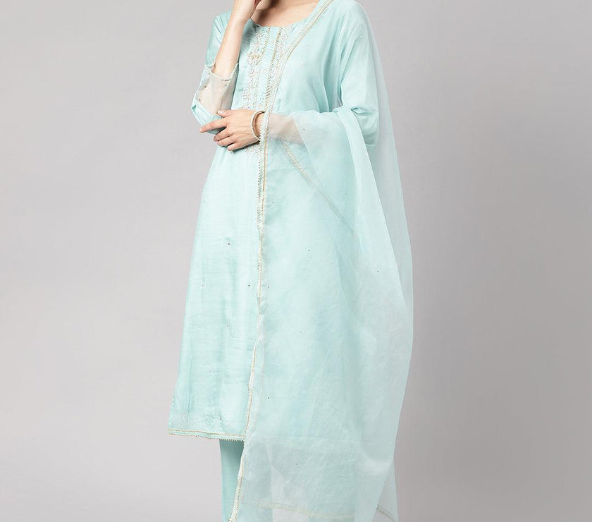 Divena Sea Green Muslin Embroidery Kurta pant Set with Organza Dupatta - divena world