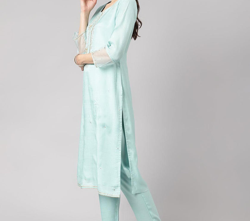 Divena Sea Green Muslin Embroidery Kurta pant Set with Organza Dupatta - divena world