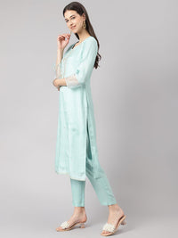 Divena Sea Green Muslin Embroidery Kurta pant Set with Organza Dupatta - divena world