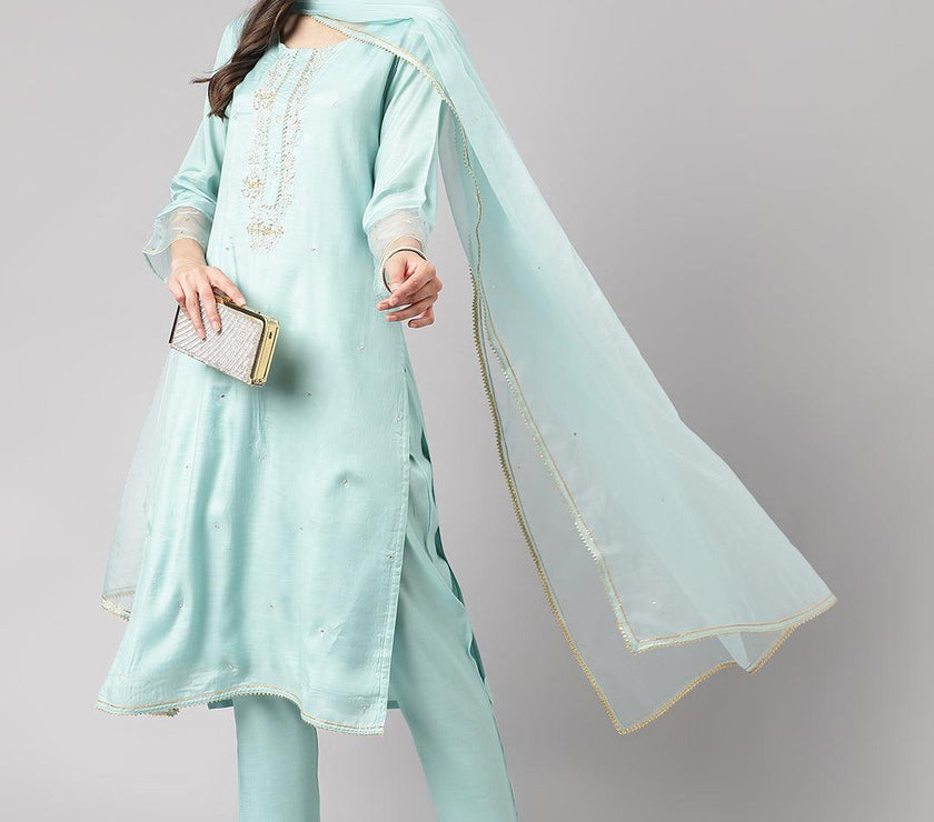 Divena Sea Green Muslin Embroidery Kurta pant Set with Organza Dupatta - divena world