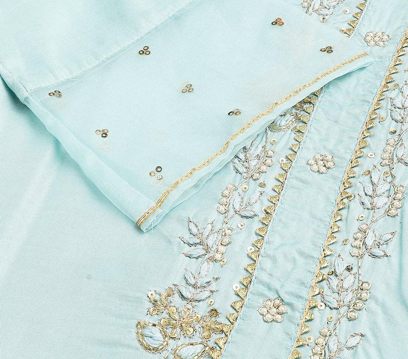 Divena Sea Green Muslin Embroidery Kurta pant Set with Organza Dupatta - divena world