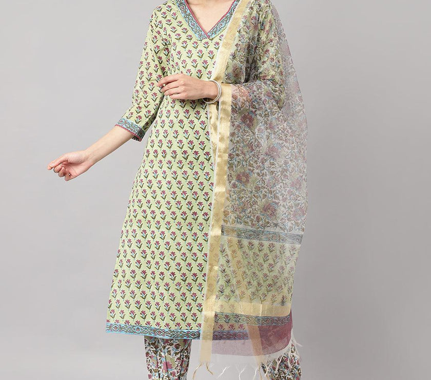 Divena Green and white Cotton Hand Block Printed Kurta Pant set with Dupatta - divena world