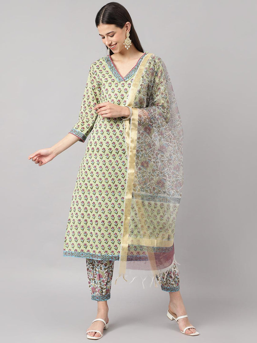 Divena Green and white Cotton Hand Block Printed Kurta Pant set with Dupatta - divena world