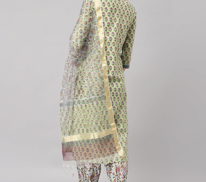 Divena Green and white Cotton Hand Block Printed Kurta Pant set with Dupatta - divena world