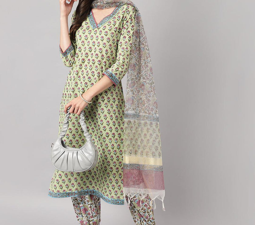 Divena Green and white Cotton Hand Block Printed Kurta Pant set with Dupatta - divena world