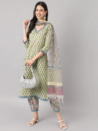 Divena Green and white Cotton Hand Block Printed Kurta Pant set with Dupatta - divena world