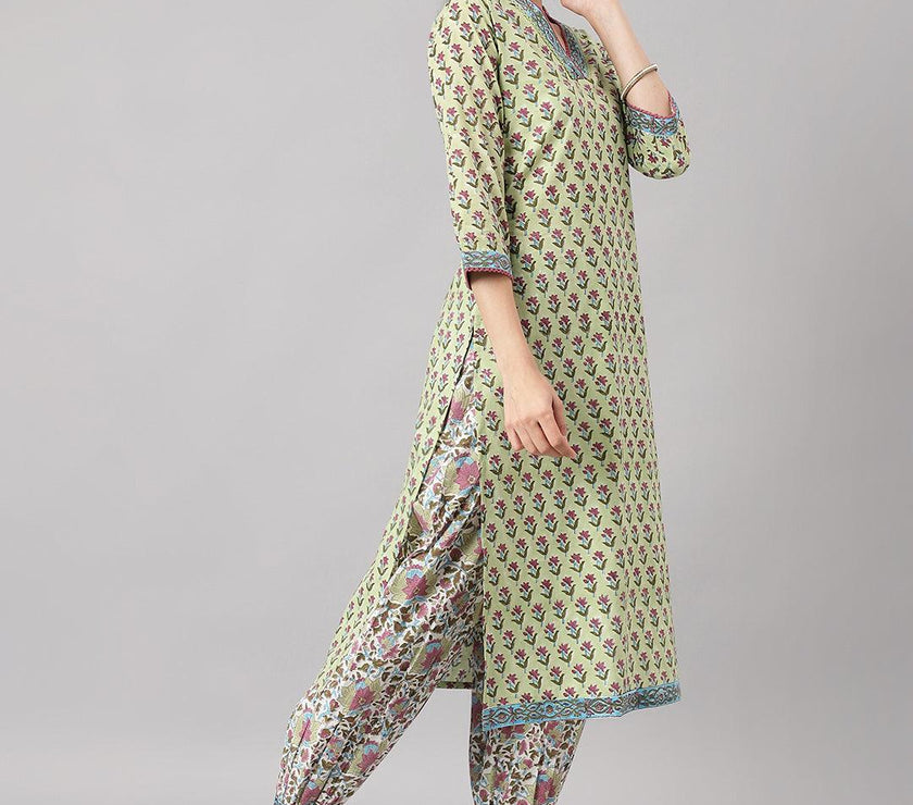 Divena Green and white Cotton Hand Block Printed Kurta Pant set with Dupatta - divena world