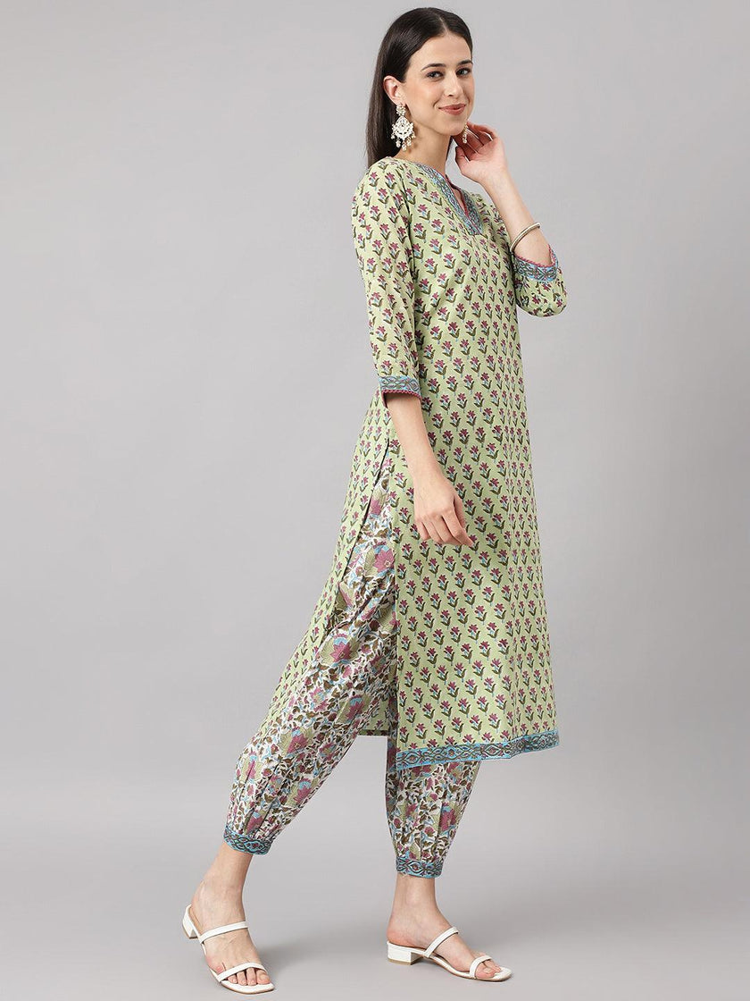 Divena Green and white Cotton Hand Block Printed Kurta Pant set with Dupatta - divena world