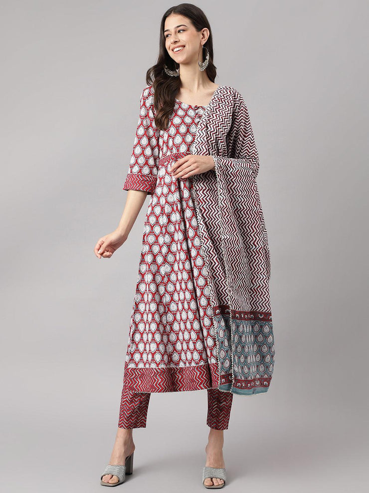 Divena Maroon Cotton Anakali Kurta pant set with Dupatta - divena world