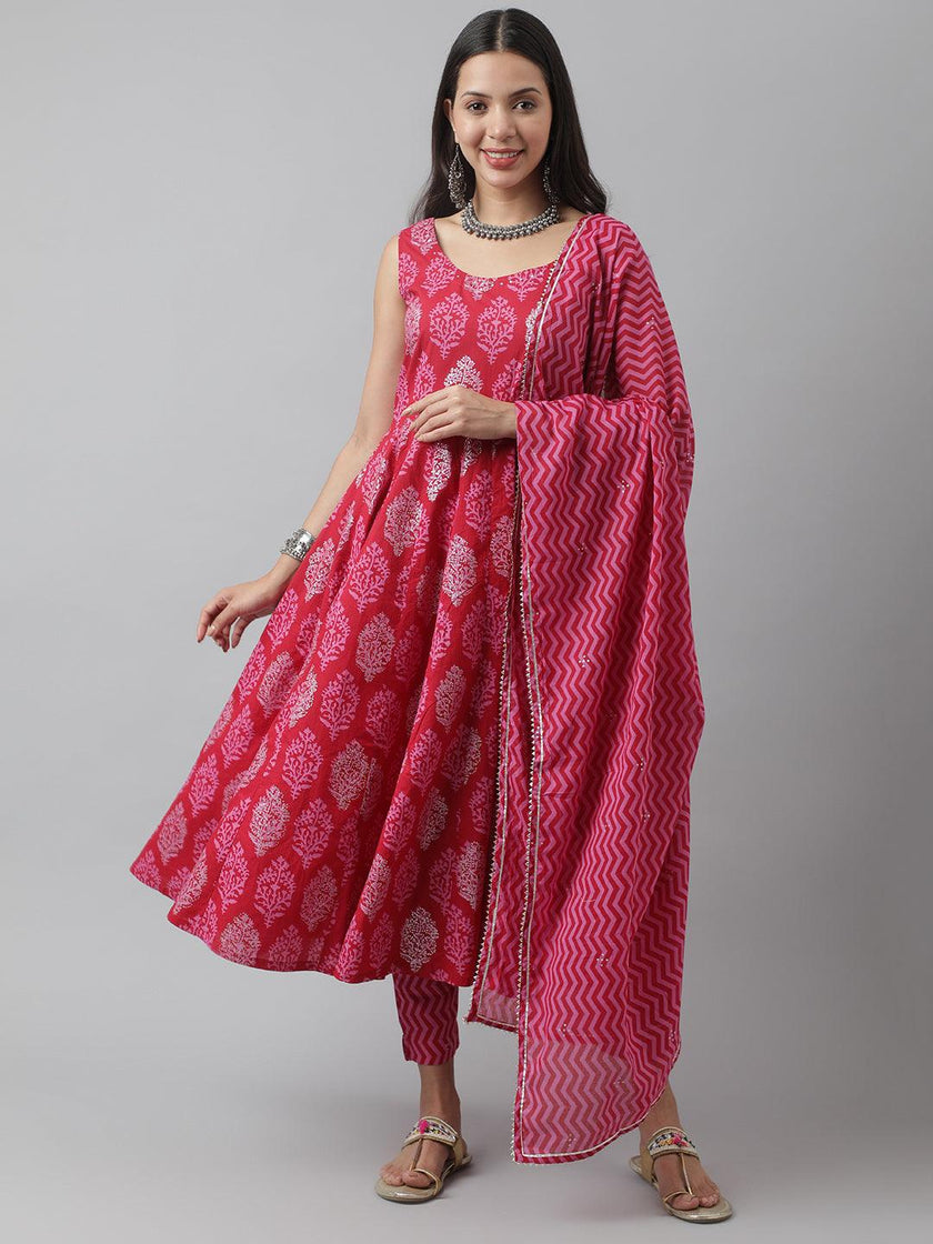 Divena Magenta Floral Cotton Anarkali Kurta Pant Set with Dupatta - divena world