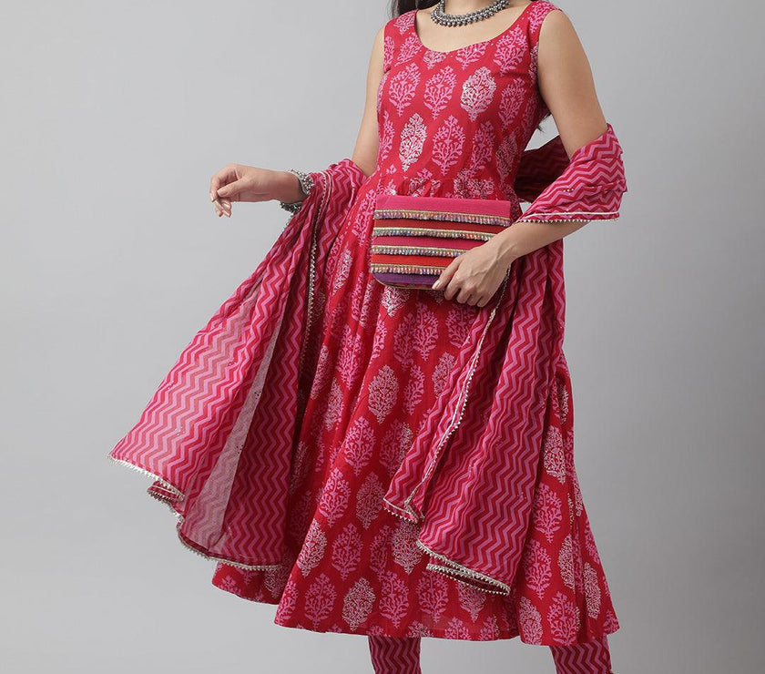 Divena Magenta Floral Cotton Anarkali Kurta Pant Set with Dupatta - divena world