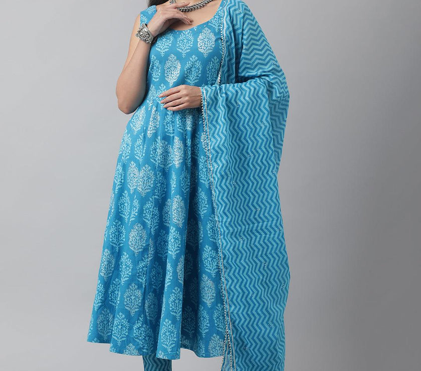 Divena Turquoise Blue Floral Cotton Anarkali Kurta Pant Set with Dupatta - divena world