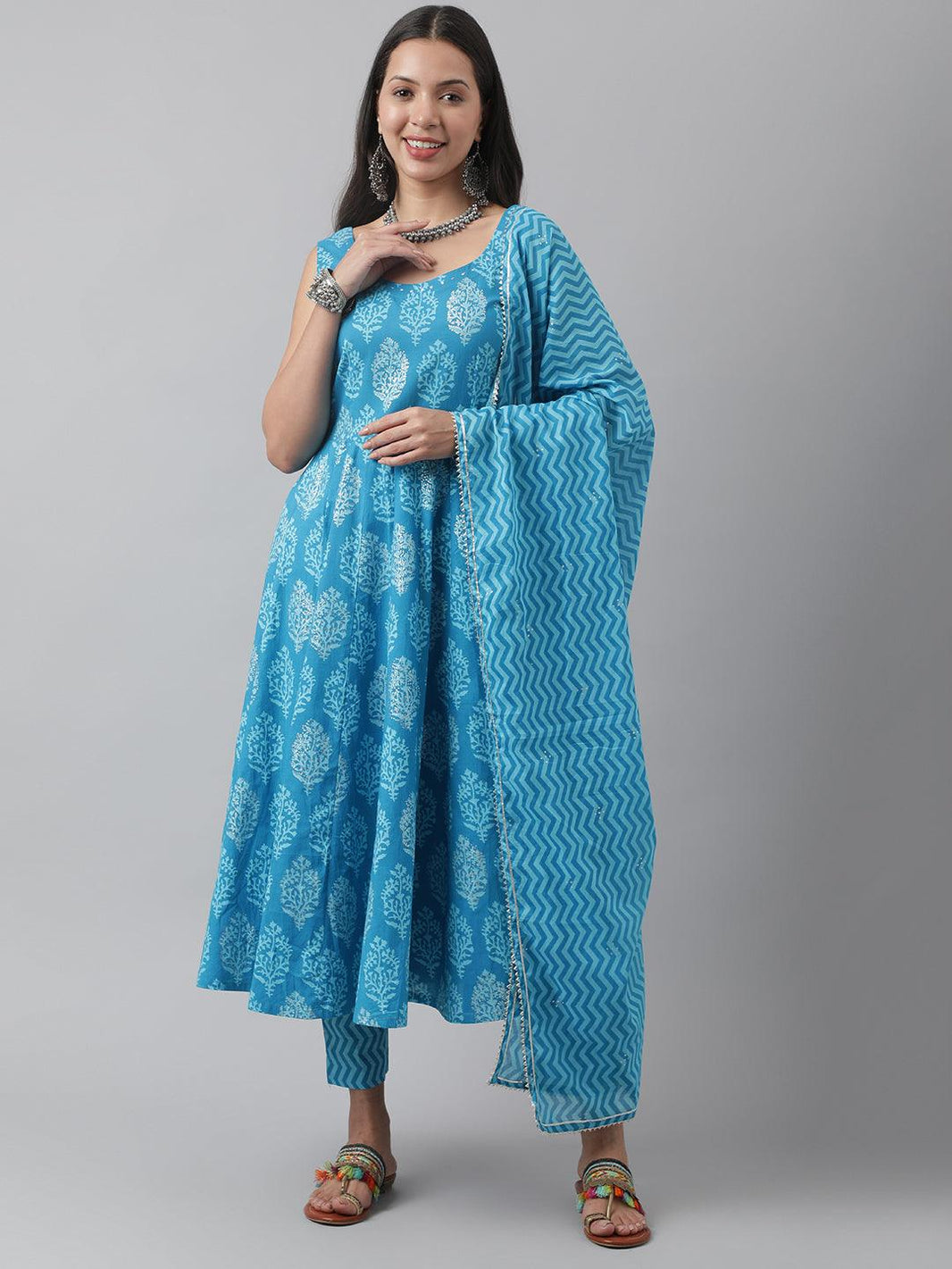 Divena Turquoise Blue Floral Cotton Anarkali Kurta Pant Set with Dupatta - divena world