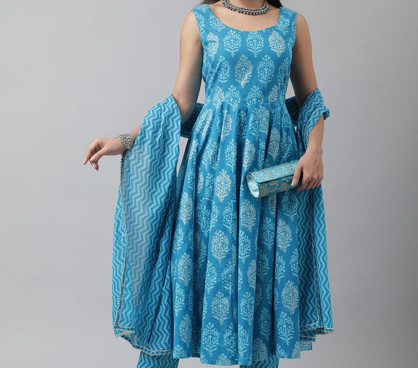 Divena Turquoise Blue Floral Cotton Anarkali Kurta Pant Set with Dupatta - divena world