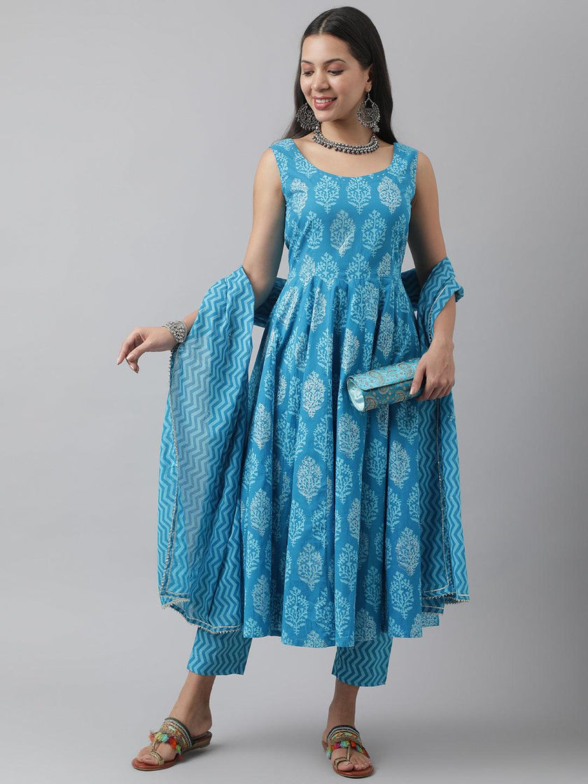 Divena Turquoise Blue Floral Cotton Anarkali Kurta Pant Set with Dupatta - divena world