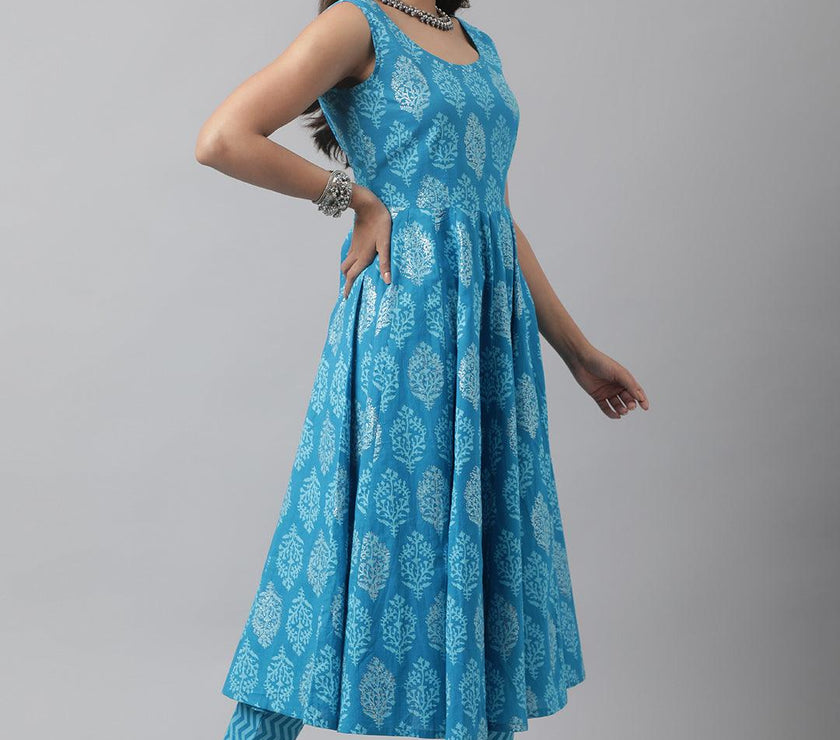 Divena Turquoise Blue Floral Cotton Anarkali Kurta Pant Set with Dupatta - divena world