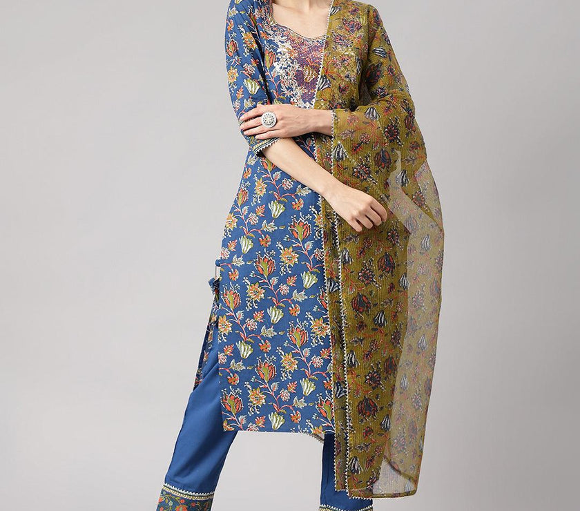 Divena Blue Floral Printed Kurta Pant Set with dupatta - divena world